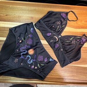 Black Bikini Set with Purple Floral Design. Size large.